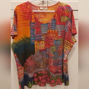 Orientique village orange v-neck top